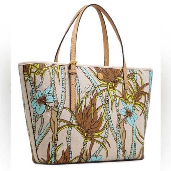 TORY BURCH NATURE PRINTED CANVAS TOTE FLOWERS PALMS BROWN TURQUOISE CREAM - Picture 4 of 12
